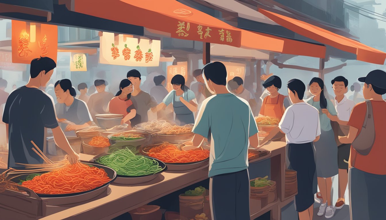A bustling Singaporean market stall sells ghost pepper noodles, with steam rising and customers eagerly purchasing the fiery dish