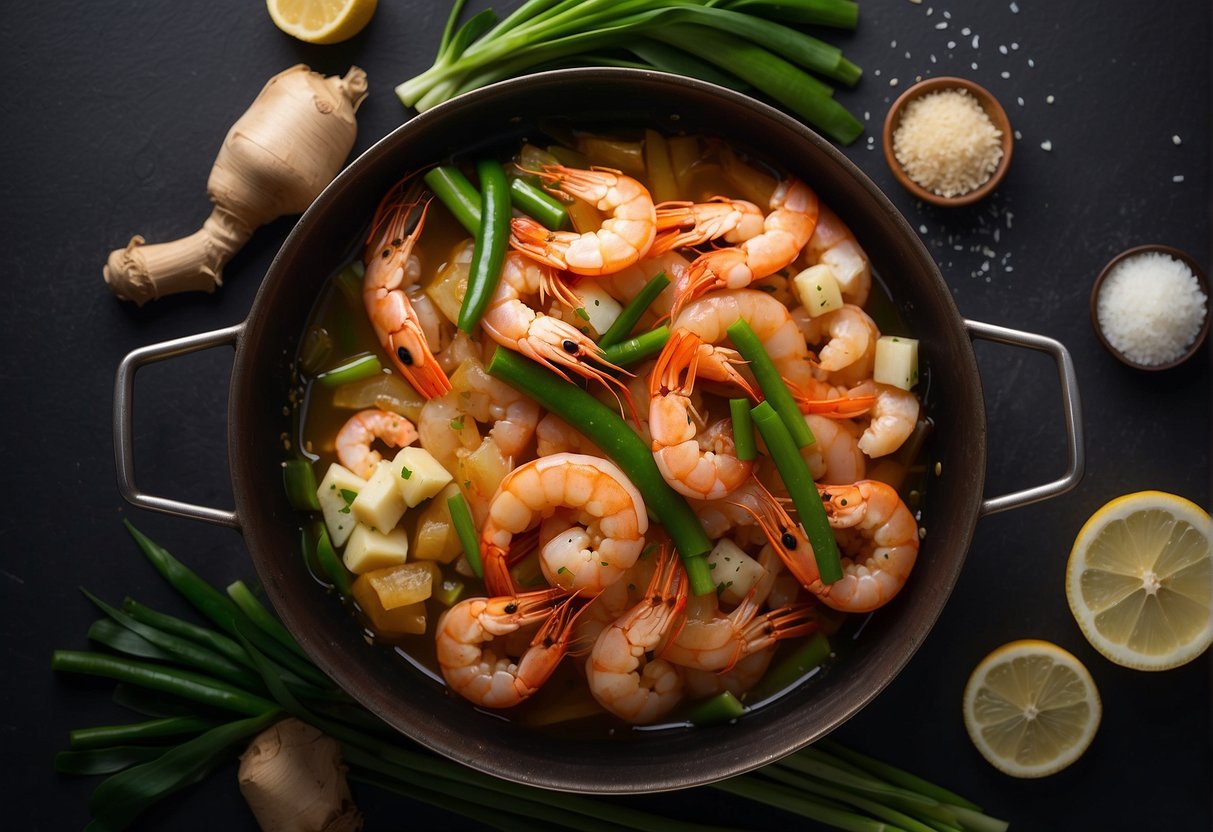 Prawns sizzling in a steamer, surrounded by ginger, garlic, and scallions. Aromatic steam rising, infusing the seafood with flavor