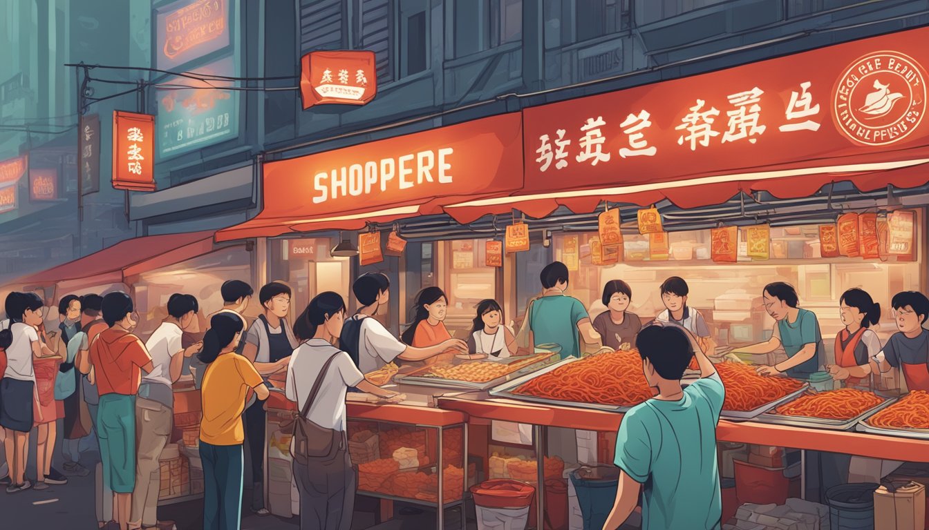 A bustling Singaporean market stall sells fiery ghost pepper noodles, with bold signage and a crowd of eager customers