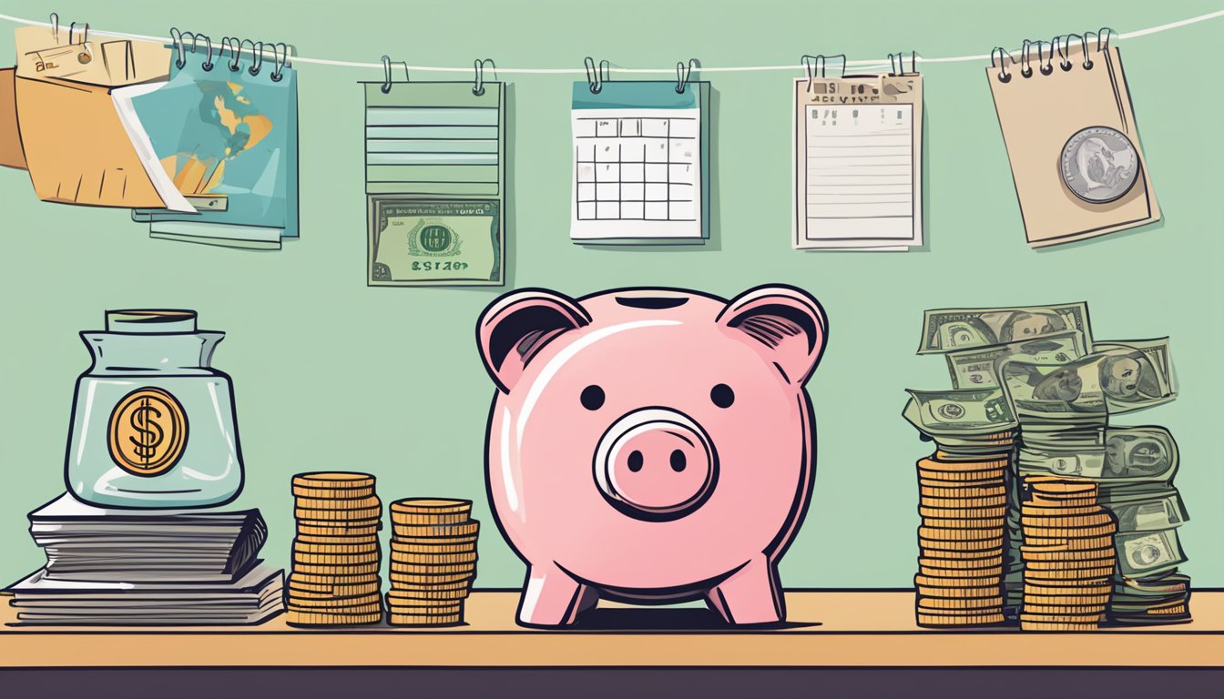 A piggy bank sits on a desk, with a stack of coins and dollar bills next to it. A calendar on the wall shows the date