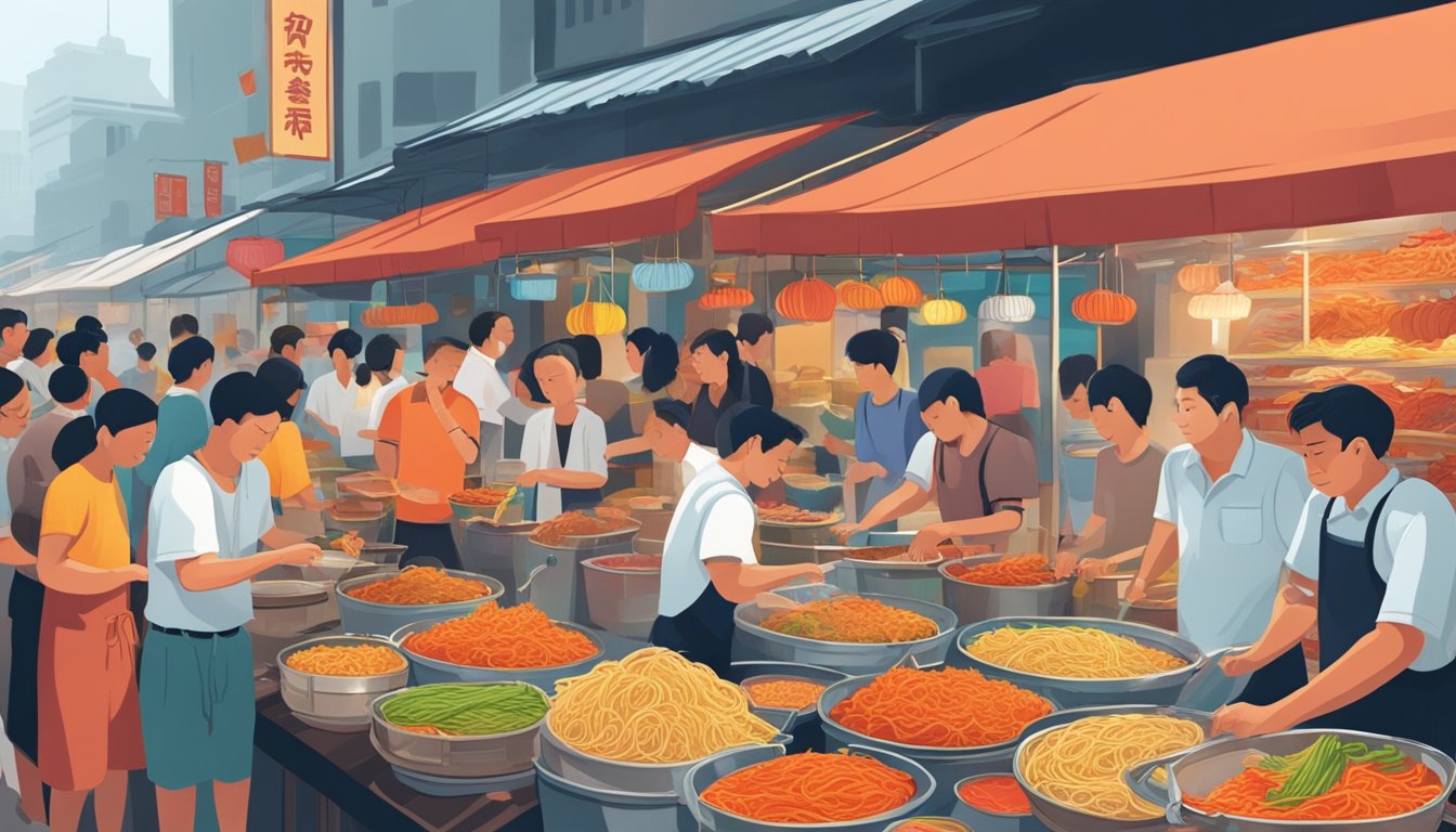 A bustling Singapore market, with vendors selling fiery ghost pepper noodles. Customers sweat and gulp water as they brave the intense heat
