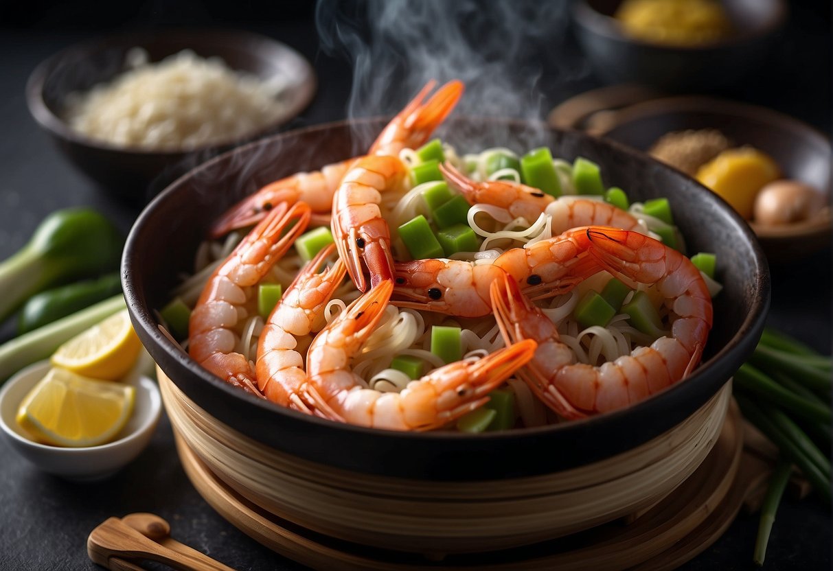 Prawns steaming in a bamboo steamer, surrounded by ginger, garlic, and scallions. A plate and chopsticks are ready for serving