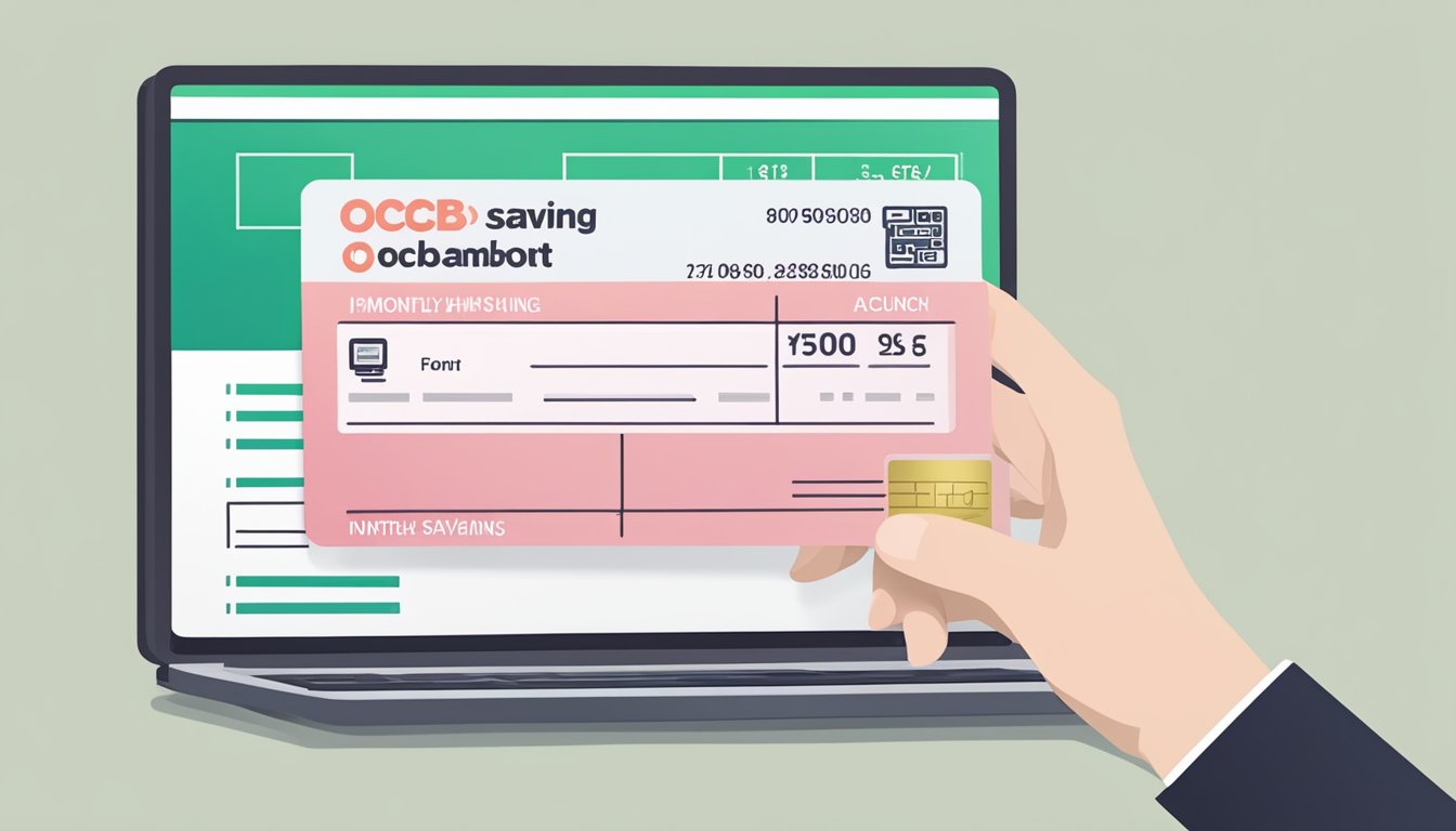 A hand holding a passbook with "OCBC Monthly Savings Account" on it, with a computer screen showing the account balance