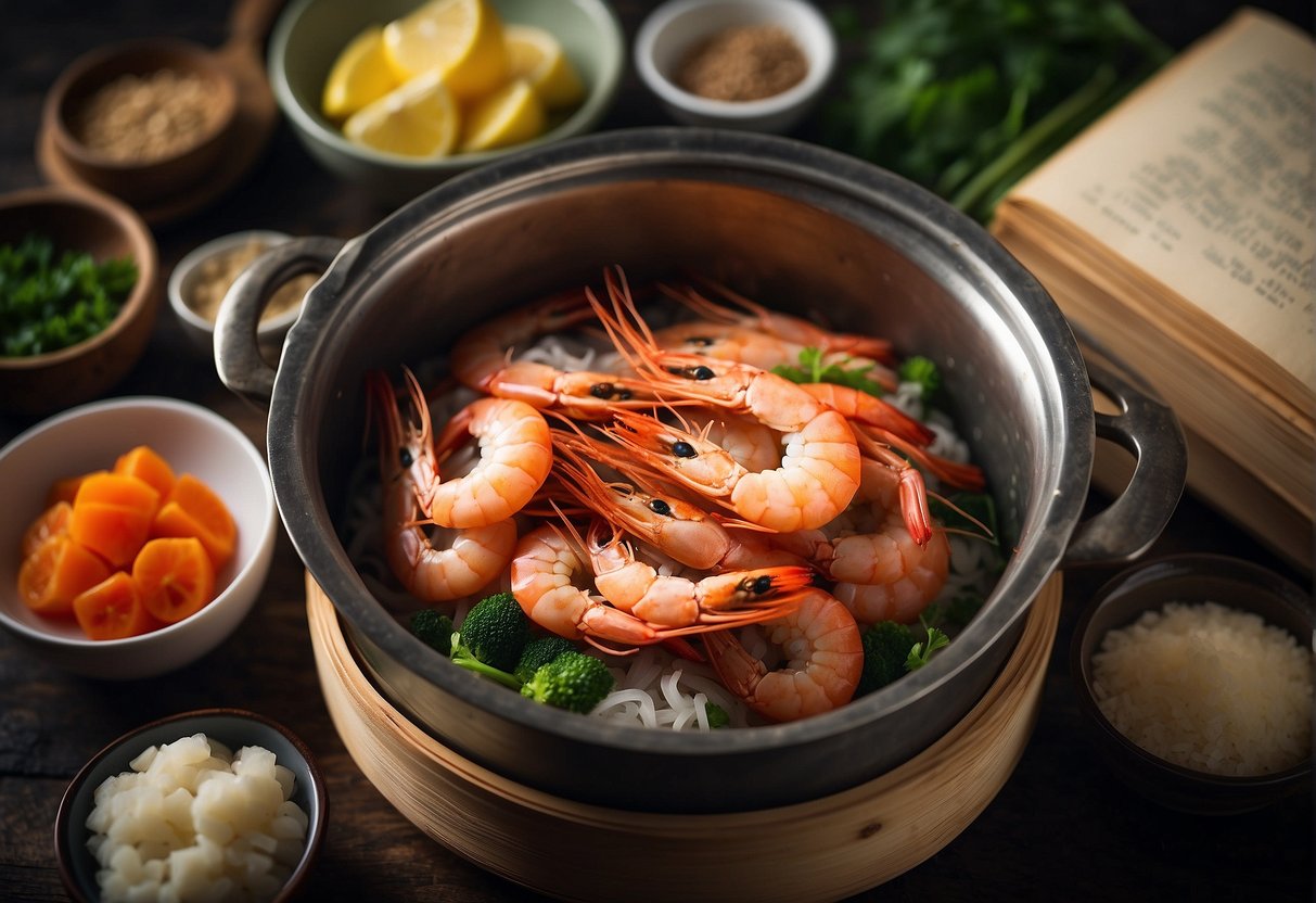 A steaming basket filled with fresh prawns, surrounded by traditional Chinese ingredients and a recipe book open to "Nutritional Information how to steam prawns."