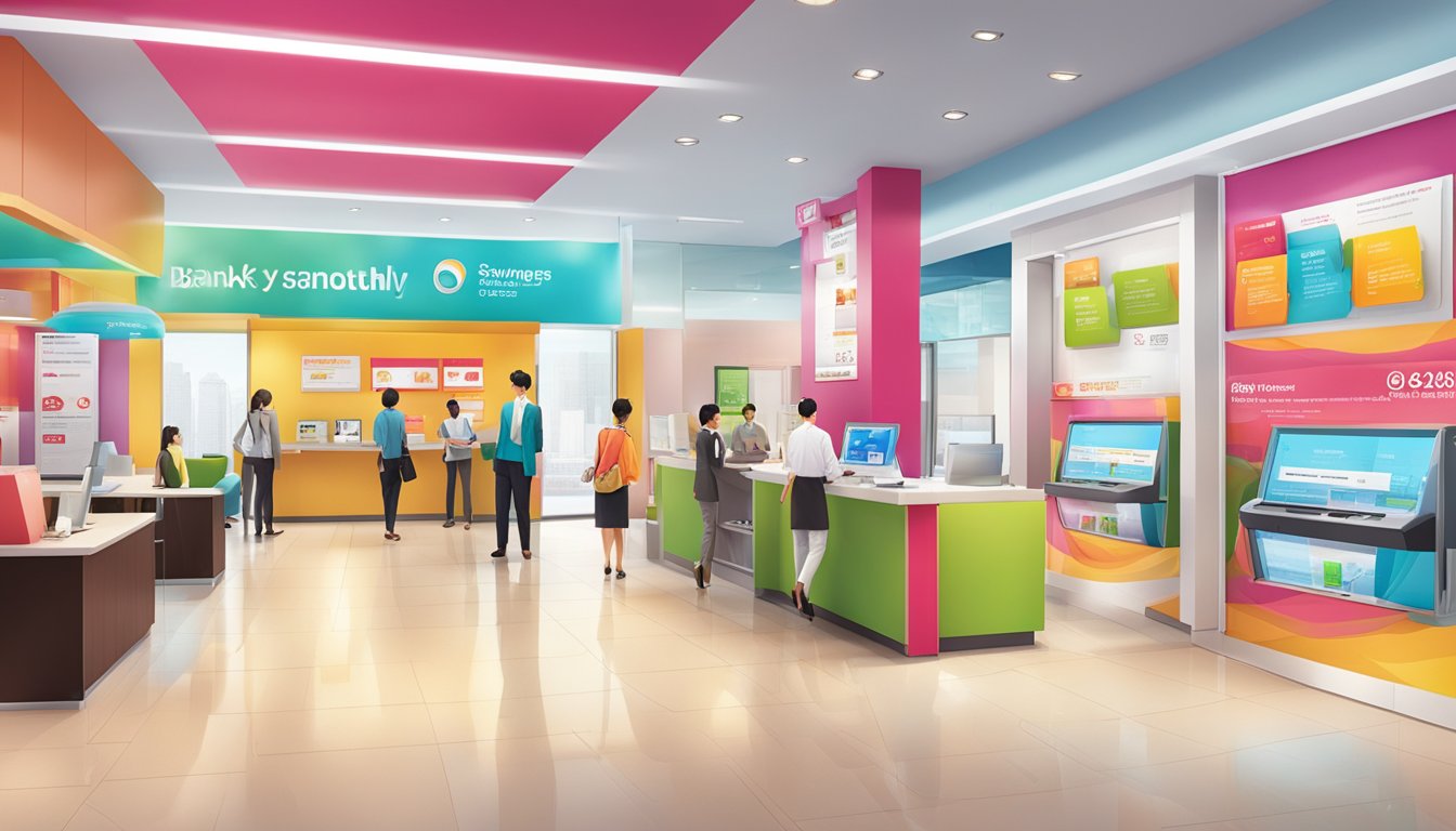 A vibrant bank branch with a modern interior, showcasing the OCBC Monthly Savings Account features and perks through colorful displays and informative posters