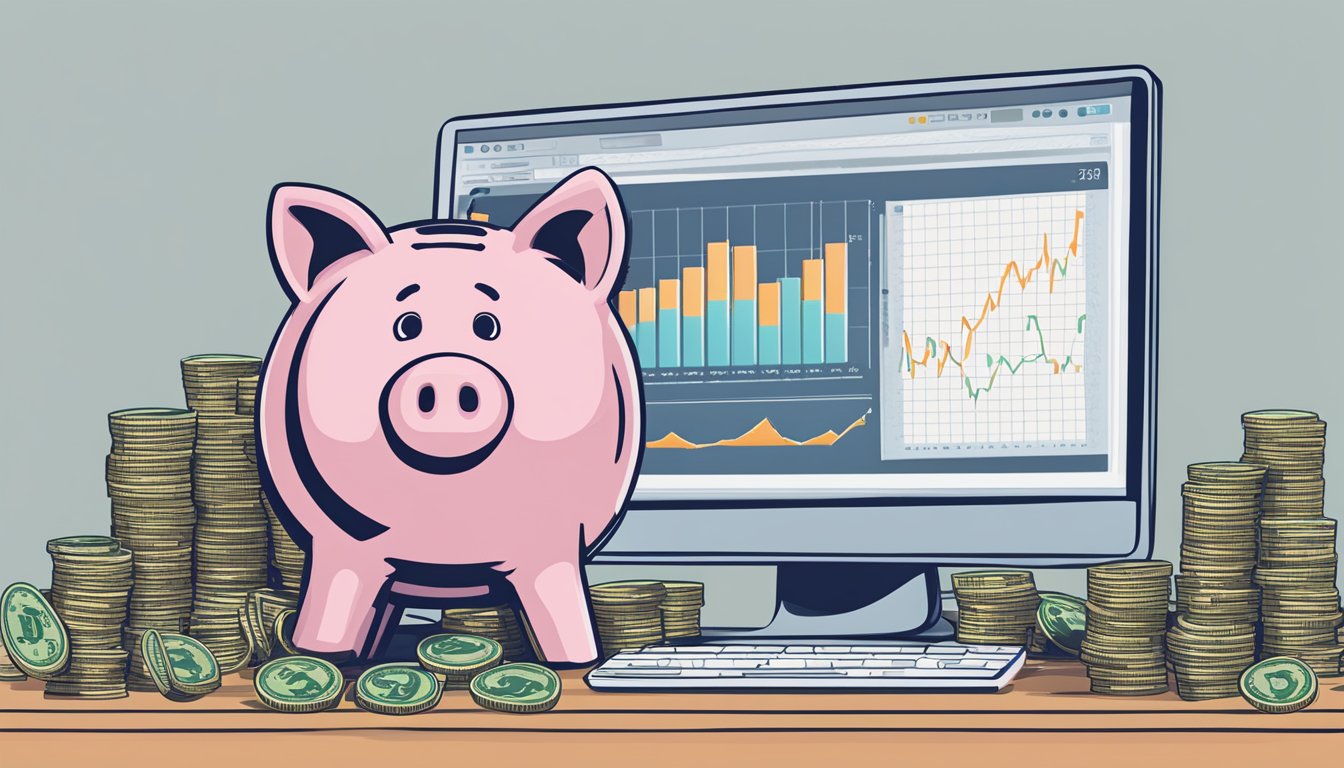 A piggy bank sits on a desk, surrounded by stacks of coins and dollar bills. A chart showing savings growth is displayed on a computer screen in the background