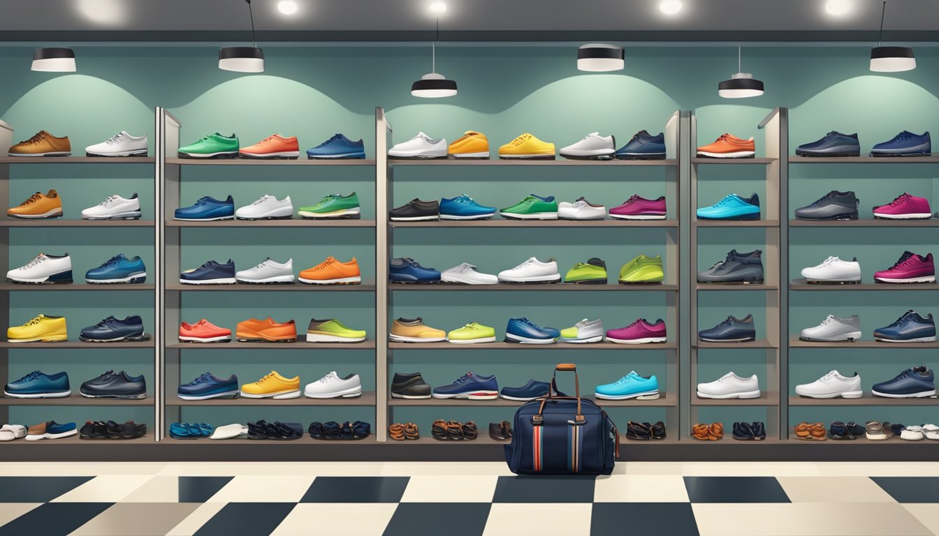 A display of golf shoes, hats, gloves, and bags at a Singapore store. Bright lighting and clean, organized shelves showcase the latest golf accessories and apparel for sale