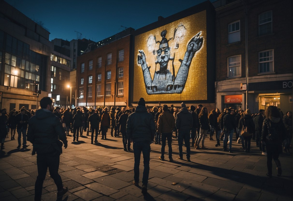 A busy city street at night, with a large mural of Banksy's iconic art on a building's wall. People walk by, some pausing to admire the thought-provoking image