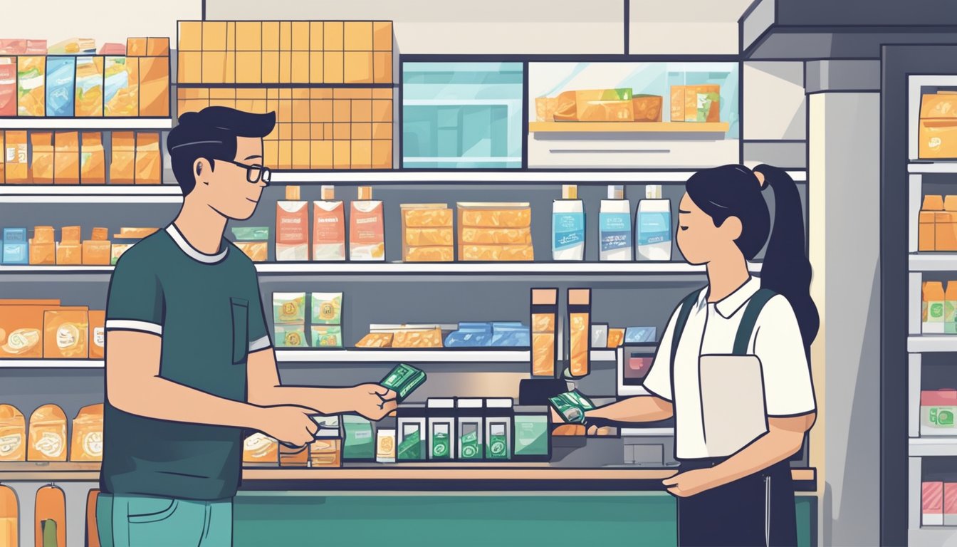 A person handing over cash to a cashier in exchange for an electronic cigarette in a Singaporean convenience store
