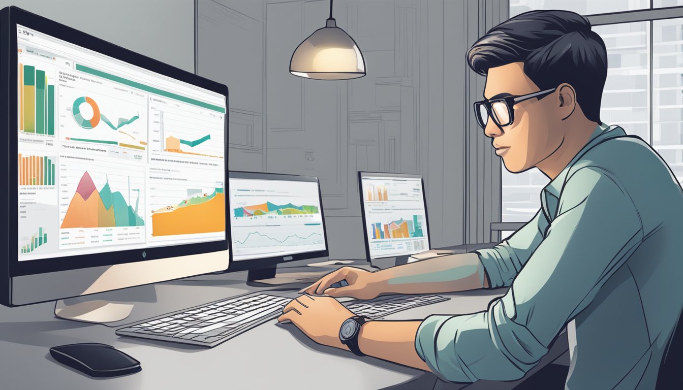 A person researching and comparing financial benefits of buying EC in Singapore, with charts and graphs on a computer screen