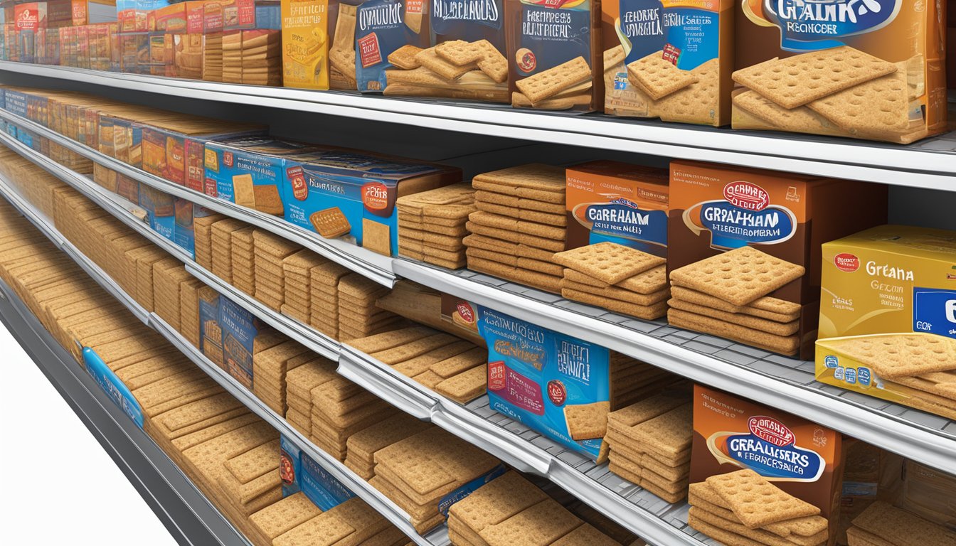 A display of graham crackers on a grocery store shelf in Singapore. Bright packaging, neatly stacked, with price tags visible