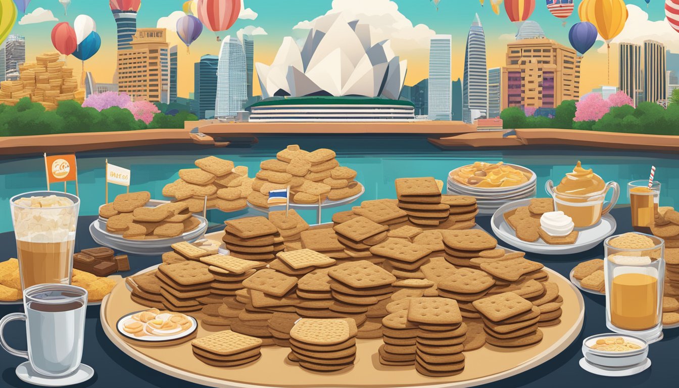 A table filled with various brands of graham crackers, surrounded by signs advertising exclusive deals and offers. The backdrop showcases iconic landmarks of Singapore