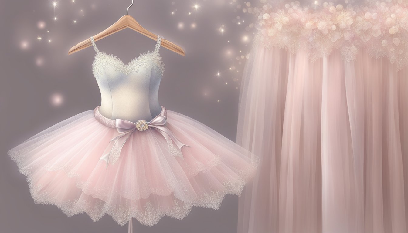 A sparkling tutu, hanging on a satin hanger, surrounded by soft, pastel-colored tulle fabric and delicate lace trim