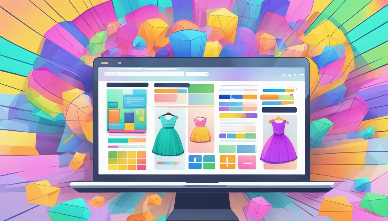 A computer screen displaying a colorful website with various tutu options. A cursor hovers over a "buy now" button