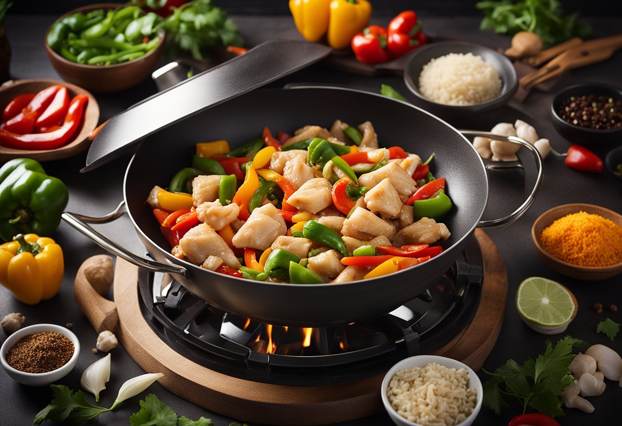 A sizzling wok filled with diced chicken, colorful bell peppers, and fragrant spices, surrounded by traditional Chinese cooking ingredients and utensils