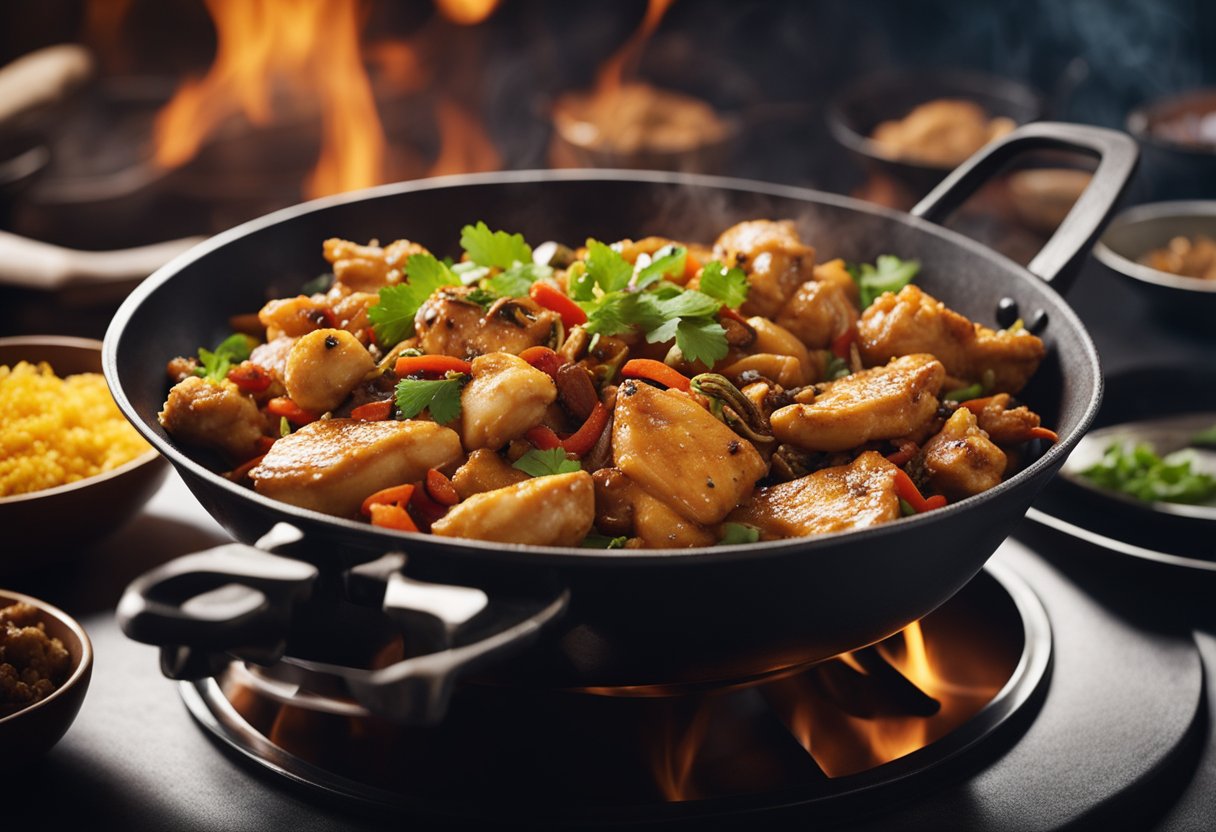 A sizzling wok tosses marinated chicken with vibrant Indian and Chinese spices, creating a mouthwatering fusion dish