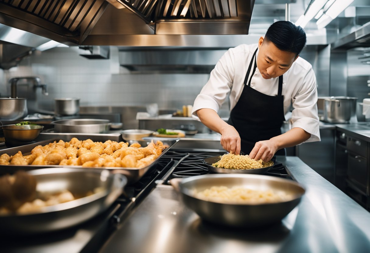 A Chinese chef prepares imperial chicken with traditional ingredients in a bustling kitchen