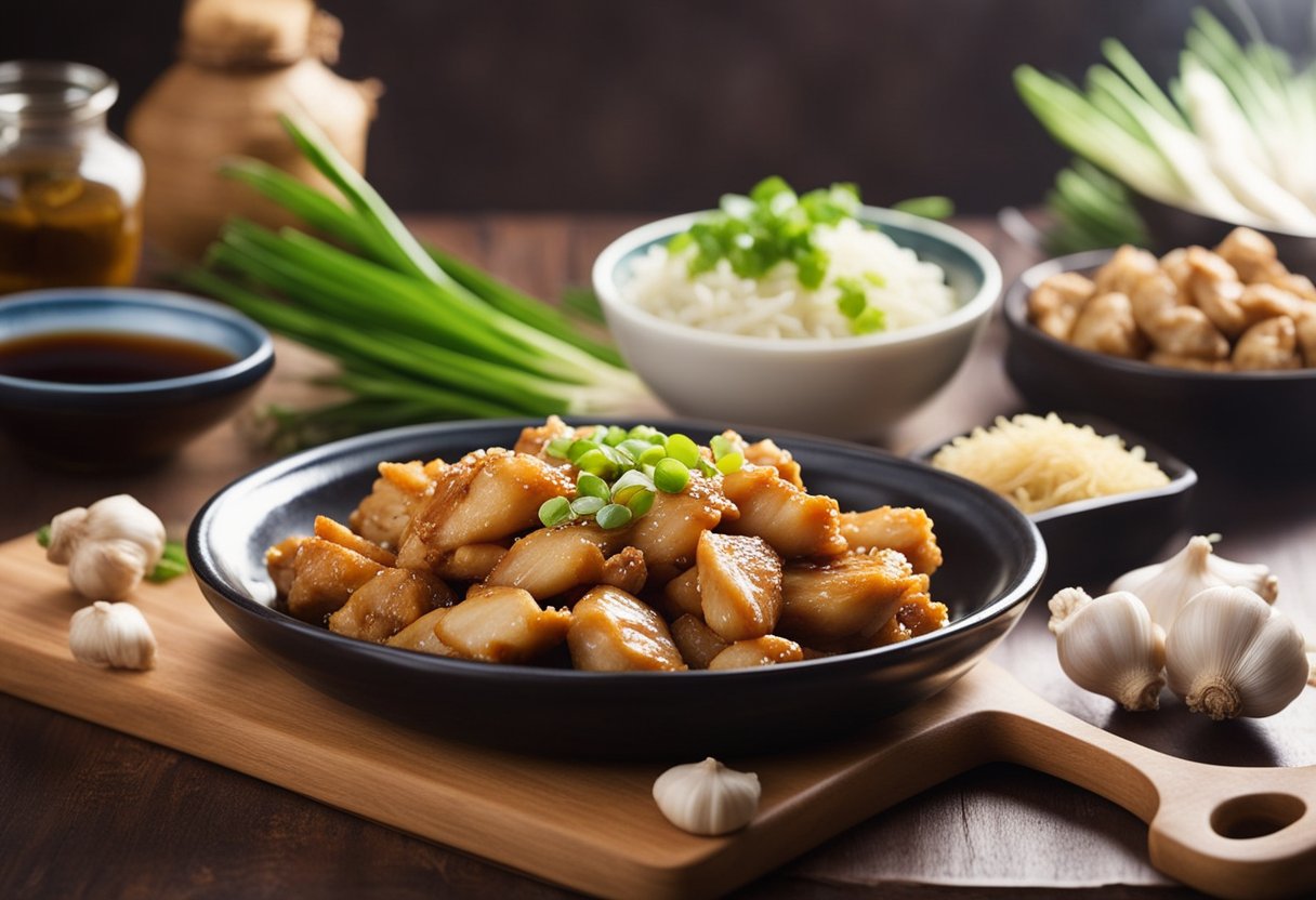 A table displays ingredients: chicken, garlic, ginger, soy sauce, vinegar, brown sugar, and green onions for the imperial chicken Chinese recipe