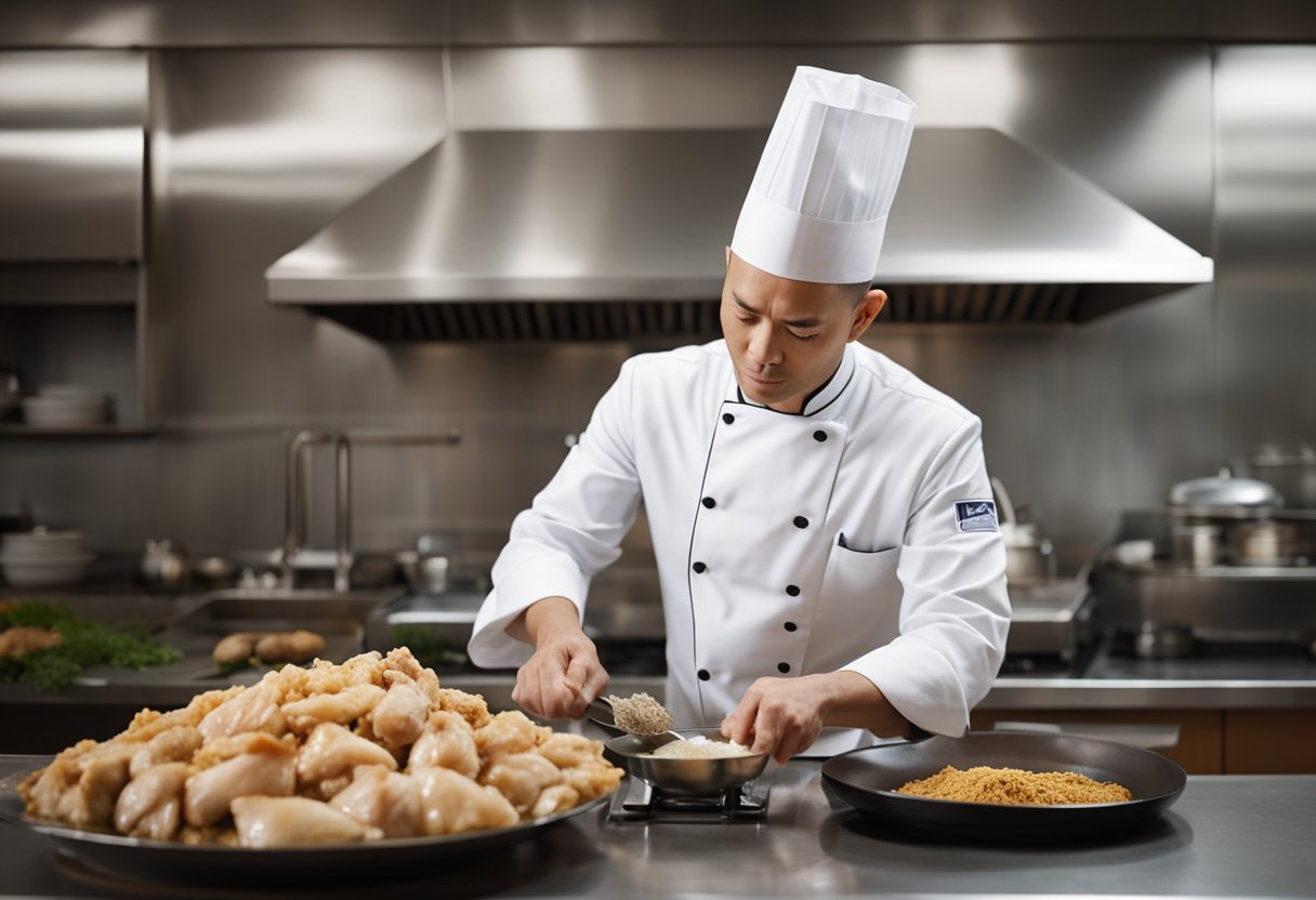 A chef gathers ingredients and prepares marinated chicken for an Imperial Chinese dish. Rich spices and sauces line the countertop