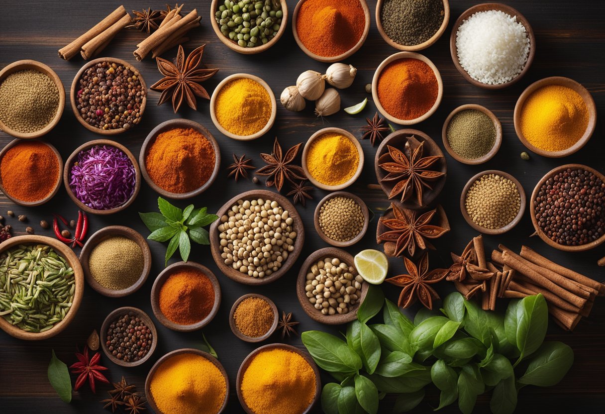A colorful array of Indian and Chinese spices, herbs, and fresh chicken arranged on a wooden cutting board