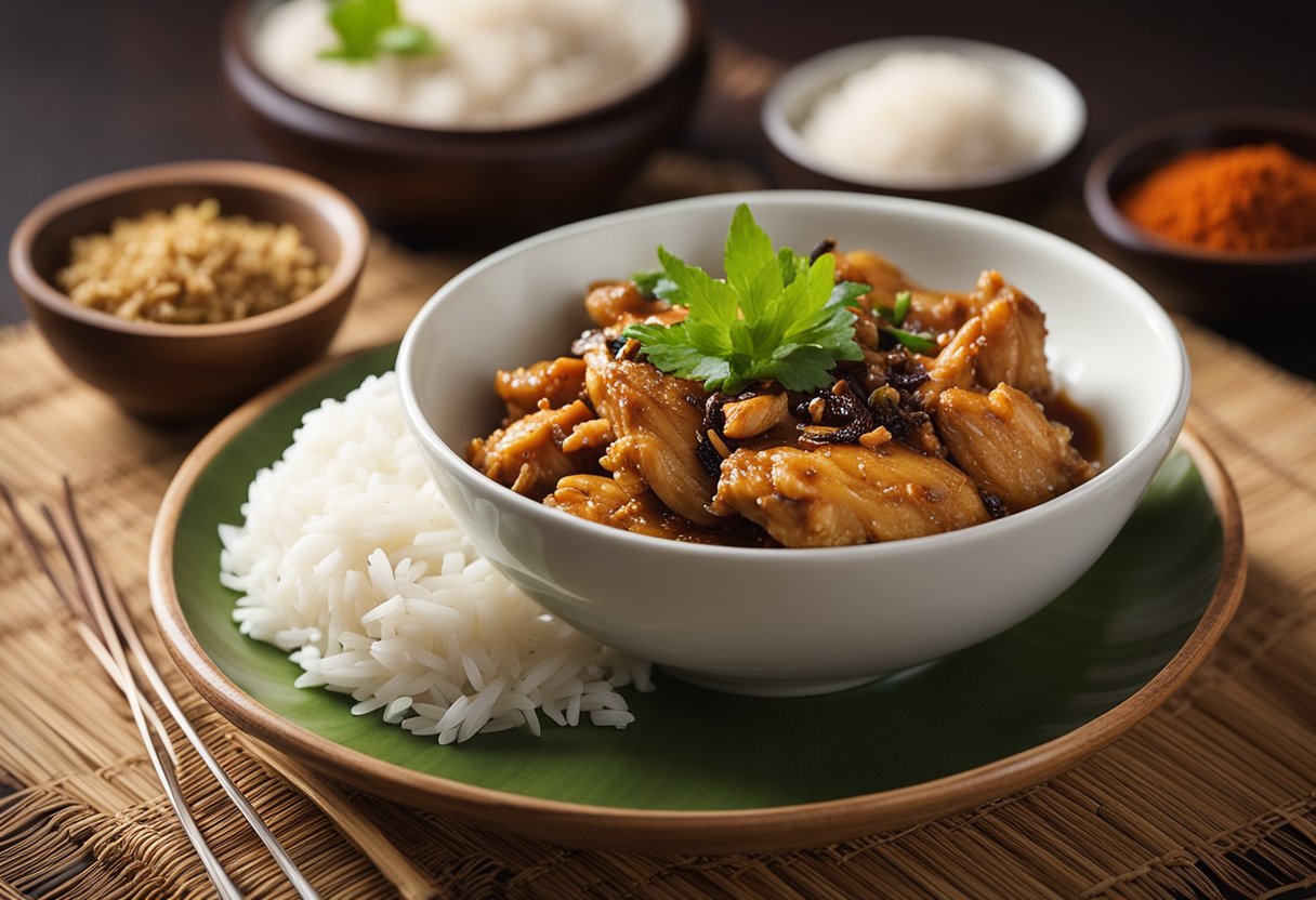 A plate of Imperial Chicken with Chinese herbs and spices, alongside a bowl of steamed rice. A nutrition label with detailed information