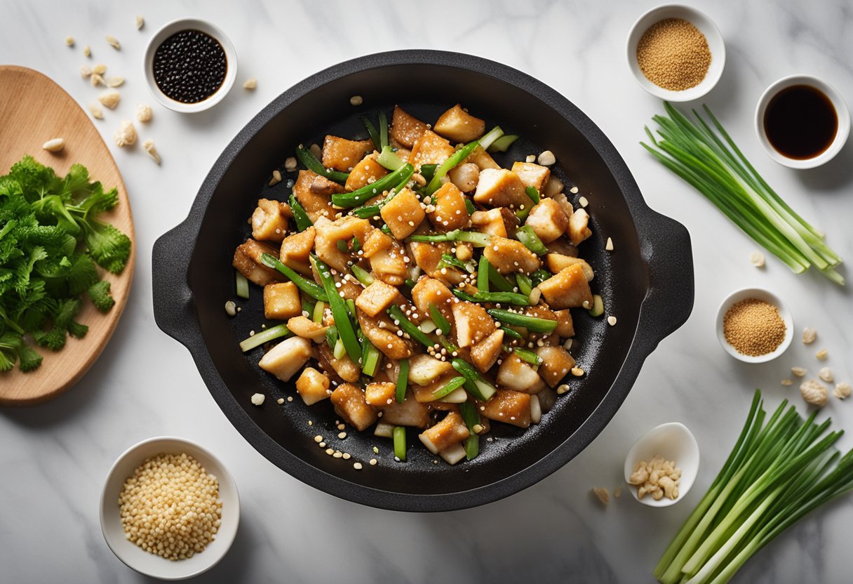 A wok sizzles with diced chicken, ginger, and garlic. Soy sauce and sugar are added, creating a caramelized glaze. Green onions and sesame seeds are sprinkled on top