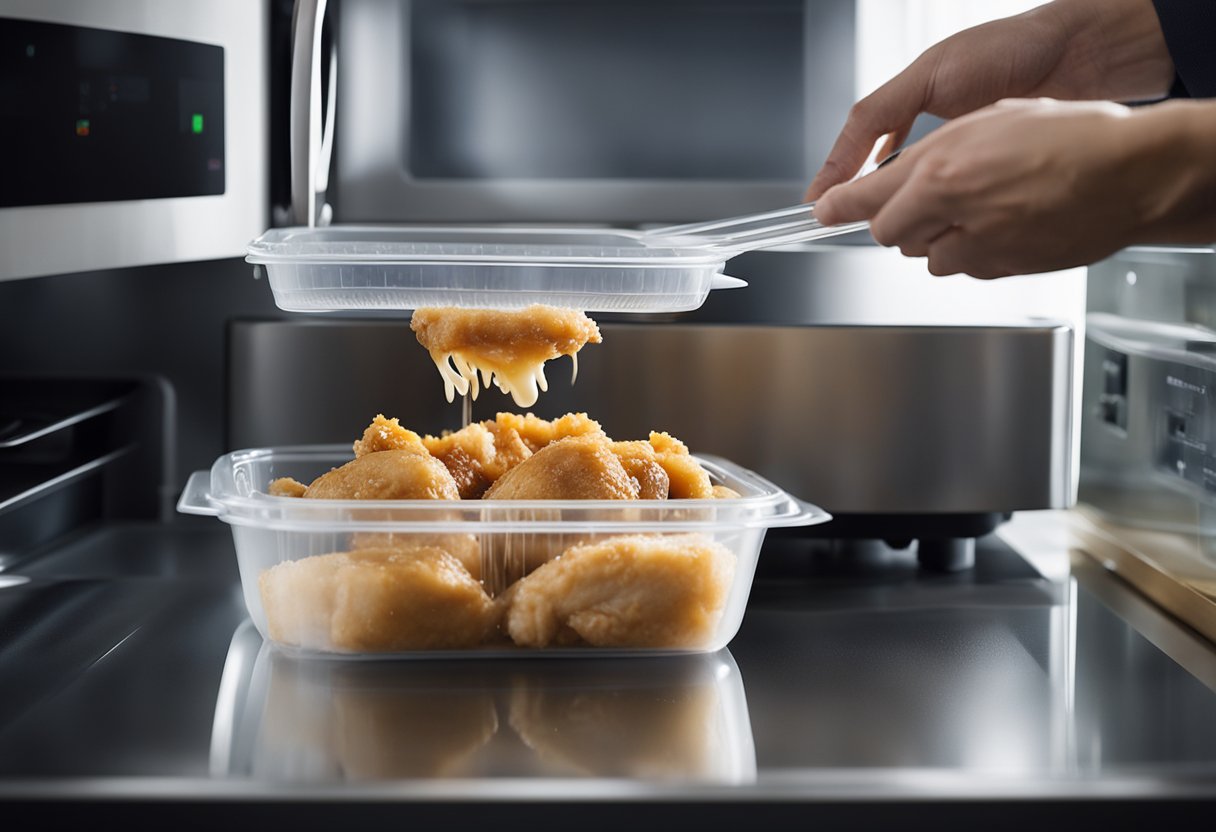 A hand pours imperial chicken into a plastic container. The container is then placed in the microwave for reheating