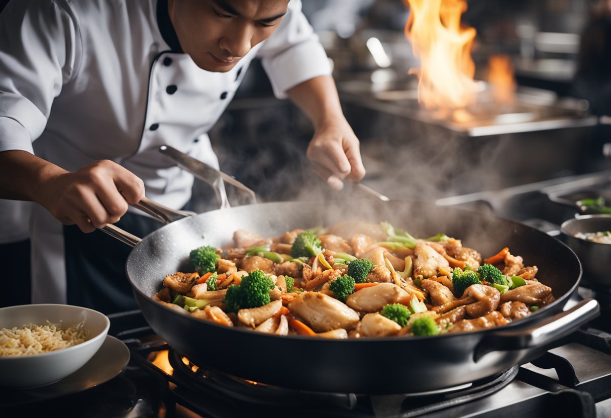 A chef stir-fries marinated chicken with aromatic spices in a sizzling wok, creating a fragrant cloud of steam