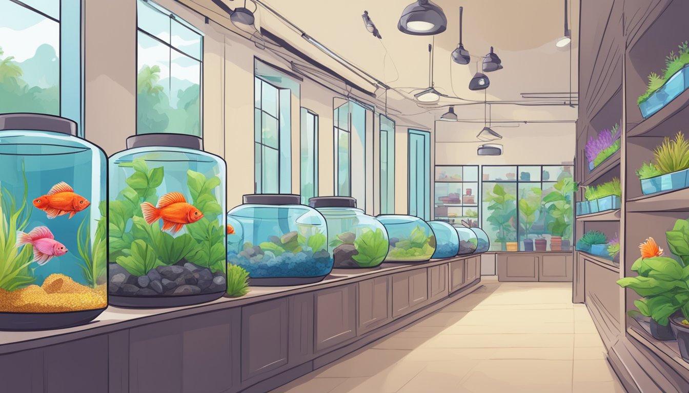 A pet store in Singapore displays colorful betta fish in small tanks with vibrant plants and decorative rocks