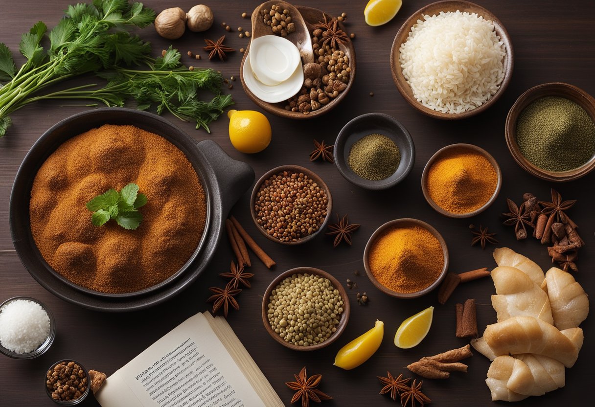 A table with Indian and Chinese spices, a mixing bowl, and a recipe book open to chicken dishes