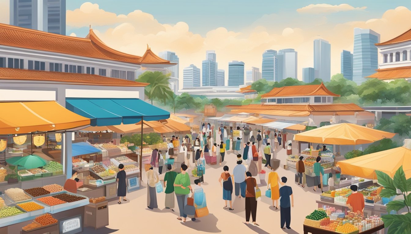 A bustling marketplace in Singapore showcases a variety of caviar retailers, with colorful displays and elegant packaging. The vendors eagerly showcase their prized products, creating an atmosphere of luxury and indulgence