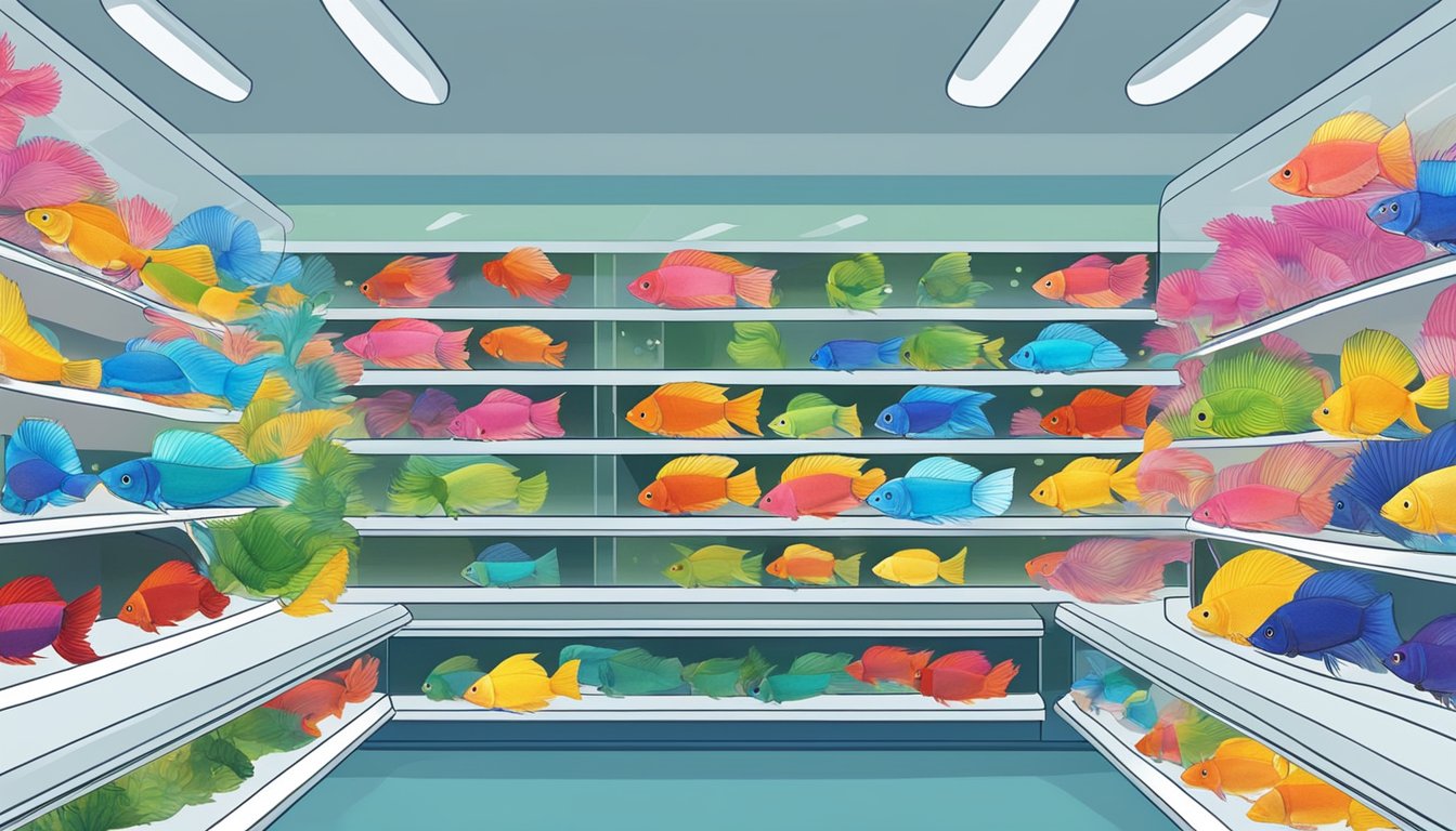 A colorful array of betta fish swim in individual tanks at a Singapore pet store. The shelves are lined with supplies for their care, creating a vibrant and inviting atmosphere for potential buyers