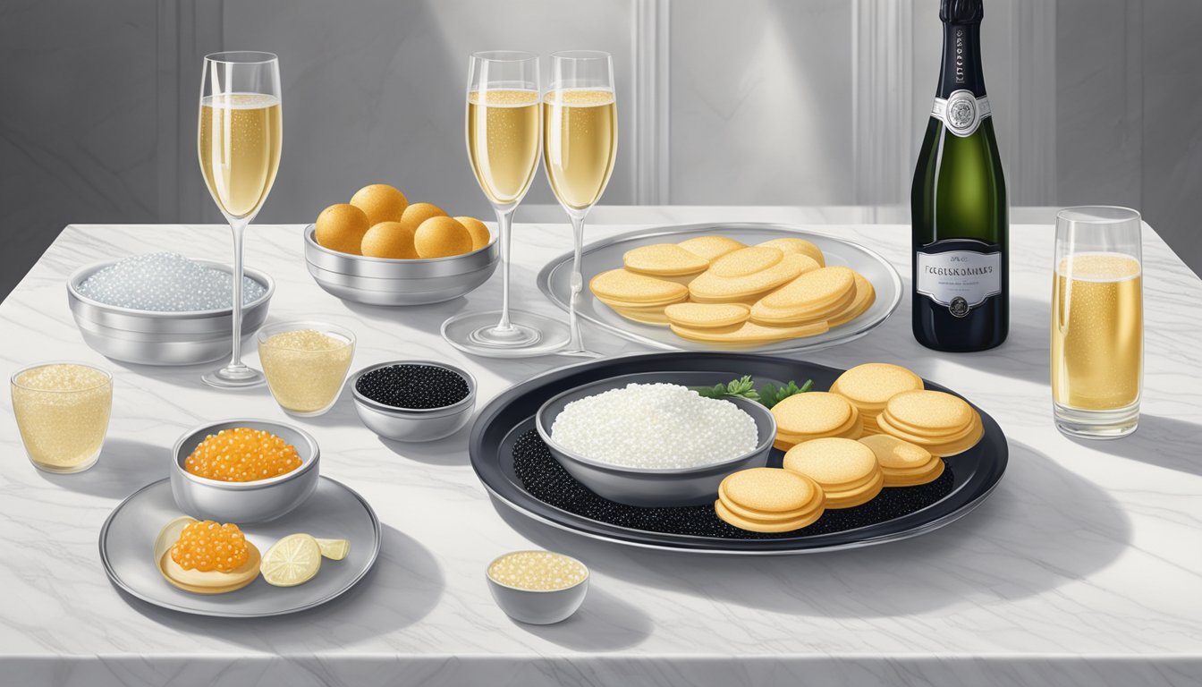 A luxurious spread of caviar, accompanied by blinis, crème fraîche, and finely chopped onions, displayed on a sleek marble serving platter. A bottle of chilled champagne sits nearby, ready to be poured into crystal flutes