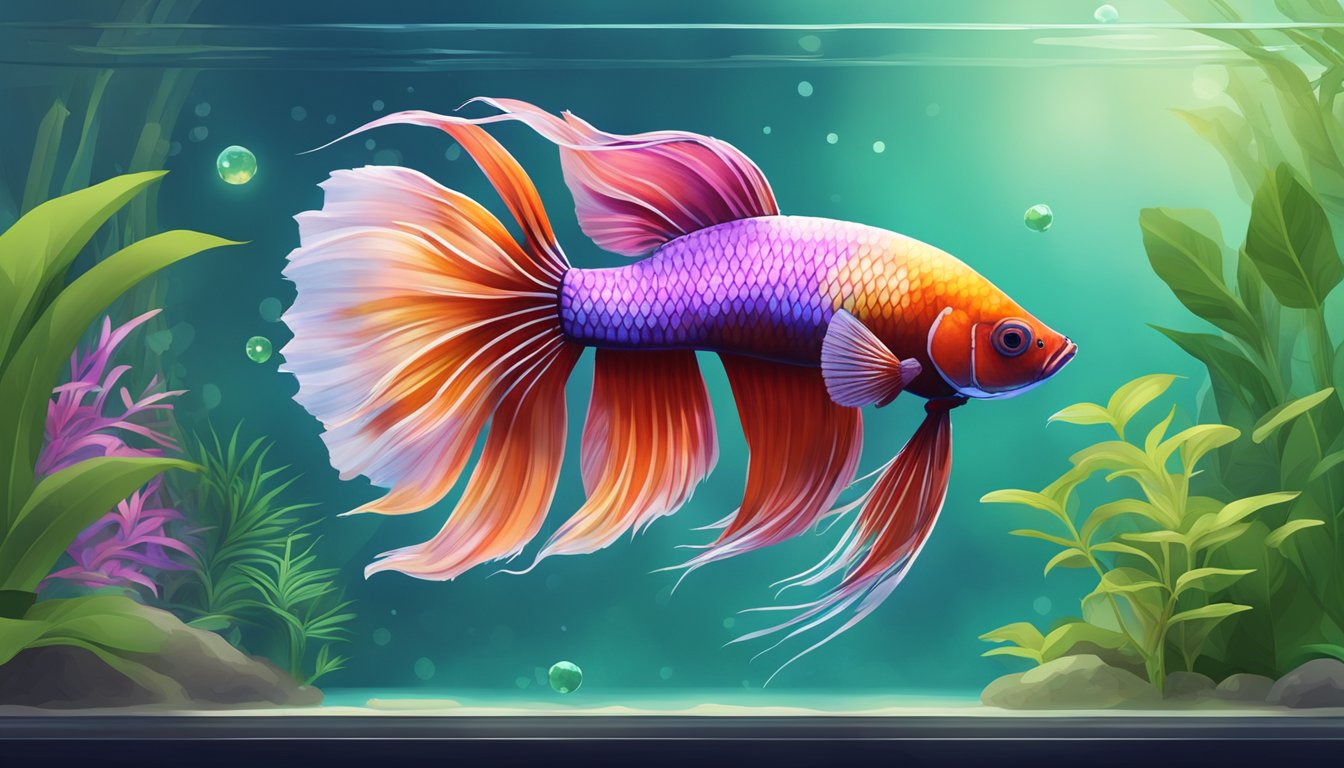 A colorful betta fish swimming in a spacious, well-decorated aquarium with live plants and hiding spots. A small filter and heater maintain the water temperature and quality
