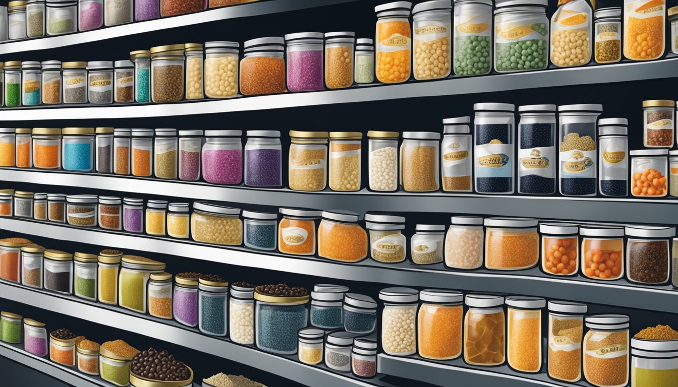 A display of various caviar tins and jars arranged on a sleek, modern shelf in a gourmet food store in Singapore