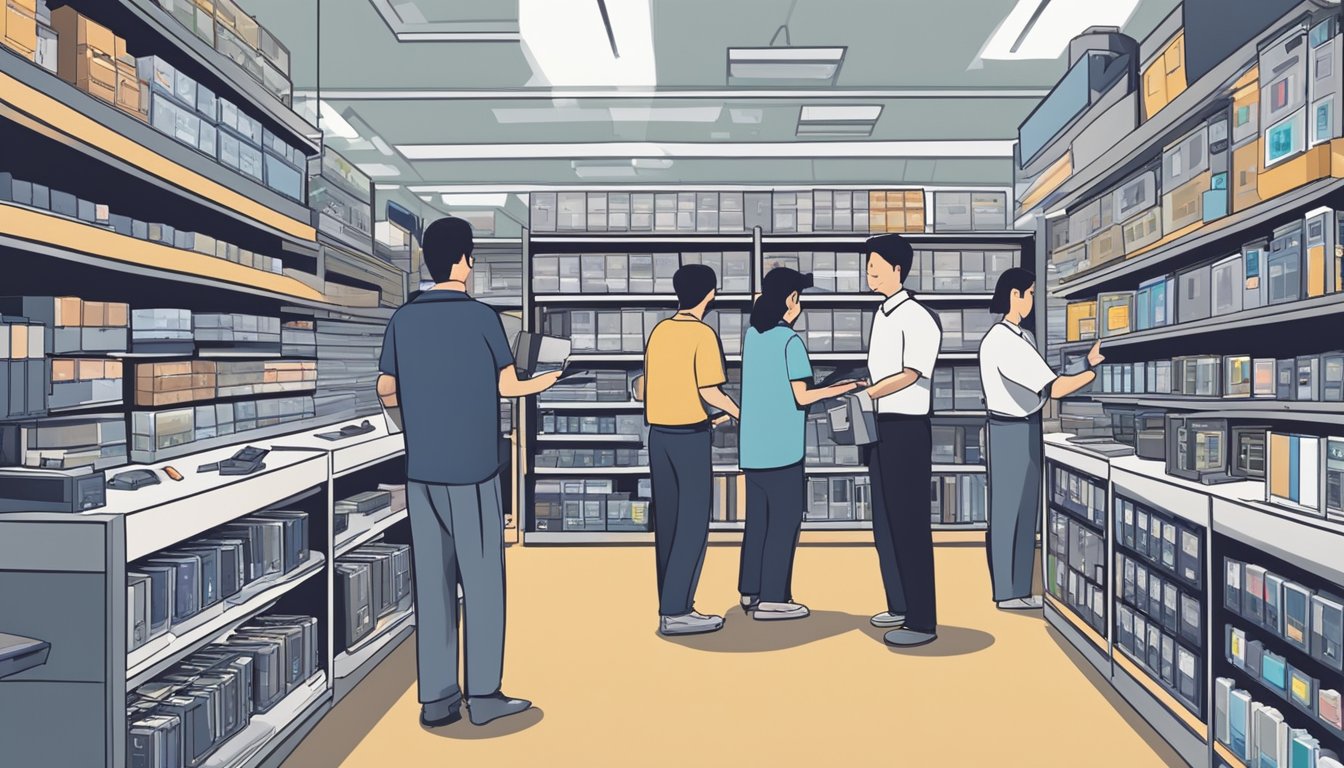 A bustling electronics store in Singapore displays shelves of hard drives for sale. Customers browse the selection while sales staff assist with inquiries