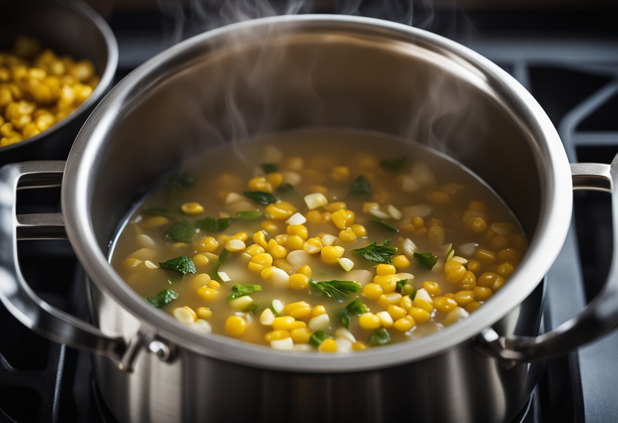 A steaming pot of Indian-Chinese corn soup simmers on a stovetop, filled with vibrant yellow kernels and fragrant spices