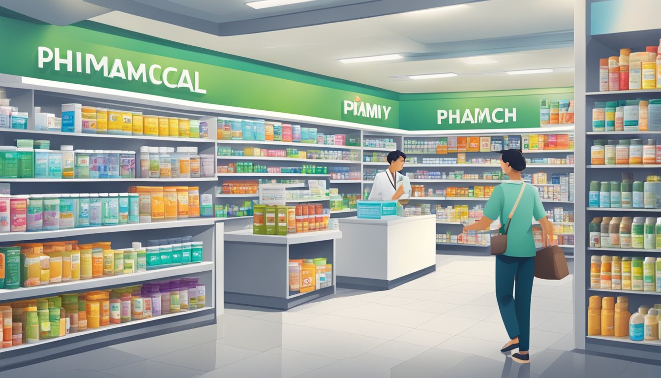 A bustling pharmacy in Singapore sells Immunocal, with shelves stocked full of health supplements and a bright sign advertising the product