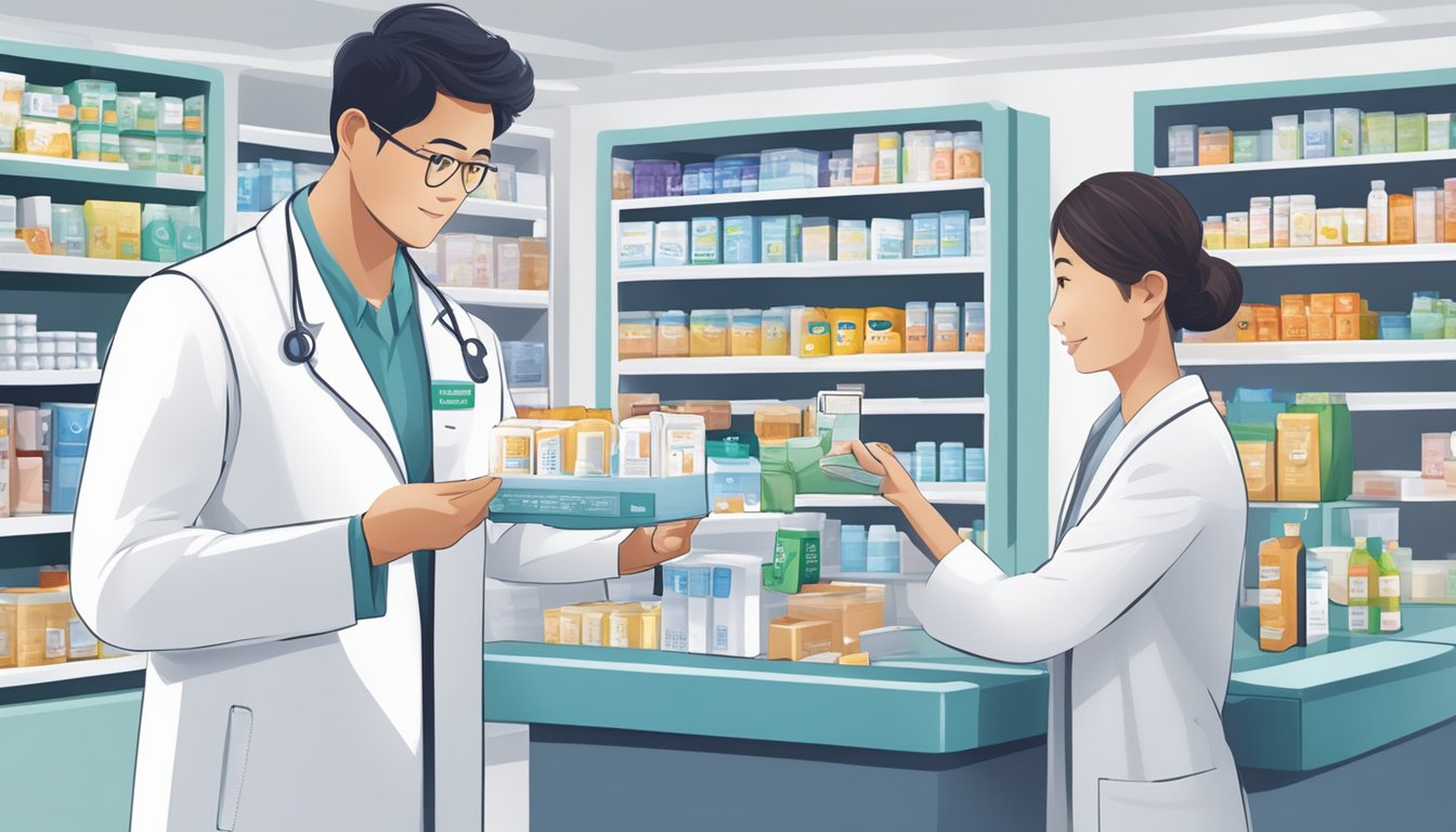 A person in a white coat handing a box of Immunocal to a customer at a pharmacy in Singapore