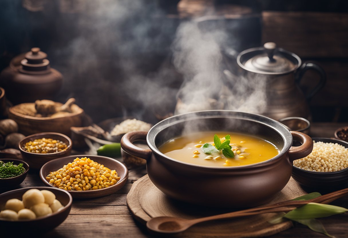 A steaming pot of Indian Chinese corn soup sits on a rustic wooden table, surrounded by traditional Indian and Chinese cooking ingredients and utensils