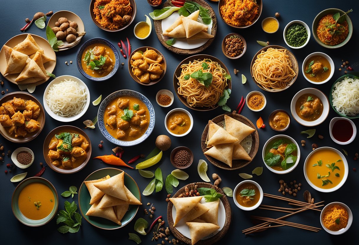 A table set with Indian and Chinese food dishes, including samosas, noodles, and curry, surrounded by vibrant spices and chopsticks