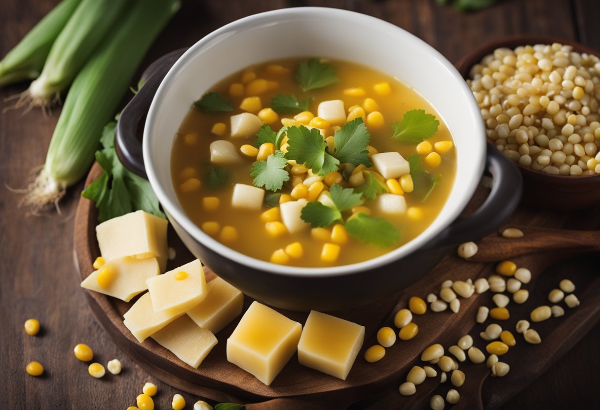A steaming pot of Indian-Chinese corn soup with essential ingredients like corn, broth, spices, and herbs