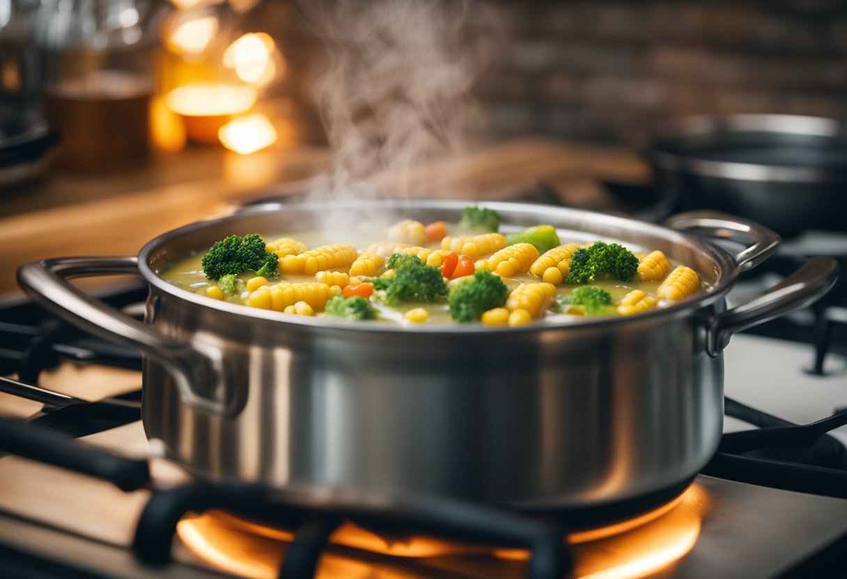 A pot simmers on a stove. Corn, vegetables, and spices are added. Steam rises as the soup cooks