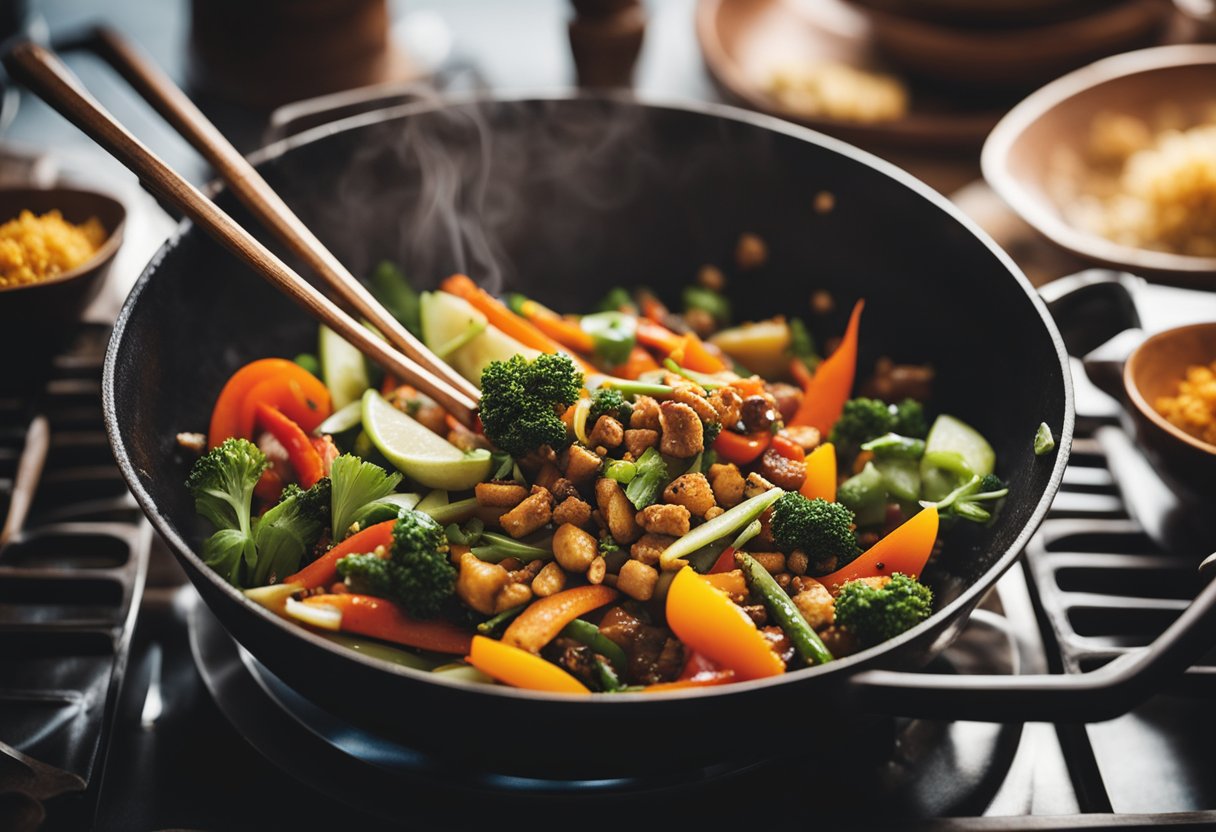 A sizzling wok blends aromatic spices with vibrant vegetables, creating a tantalizing fusion of Indian and Chinese flavors
