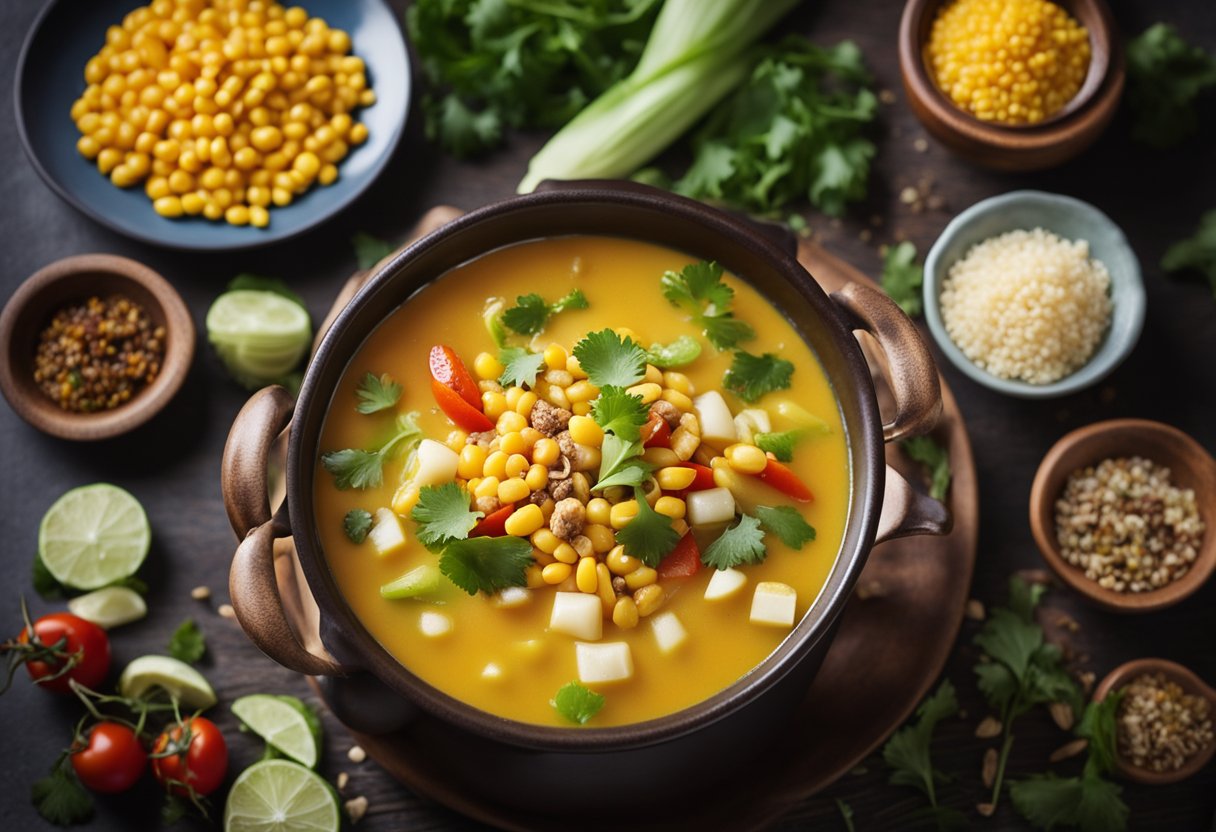 A steaming pot of Indian-Chinese corn soup, filled with vibrant vegetables and aromatic spices, exuding a rich and creamy texture with a burst of sweet and savory flavors