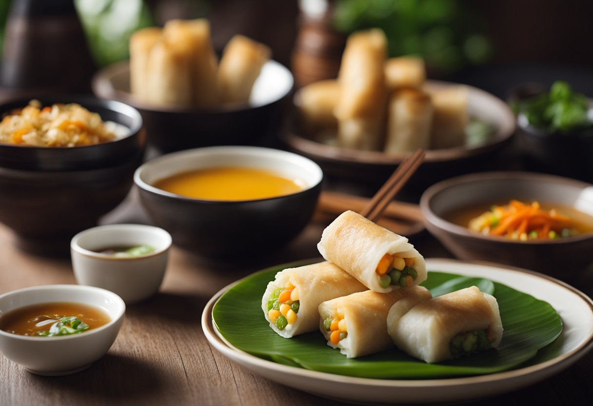 A steaming bowl of Indian-Chinese corn soup is placed next to a plate of crispy vegetable spring rolls, with a bottle of soy sauce and a pair of chopsticks nearby