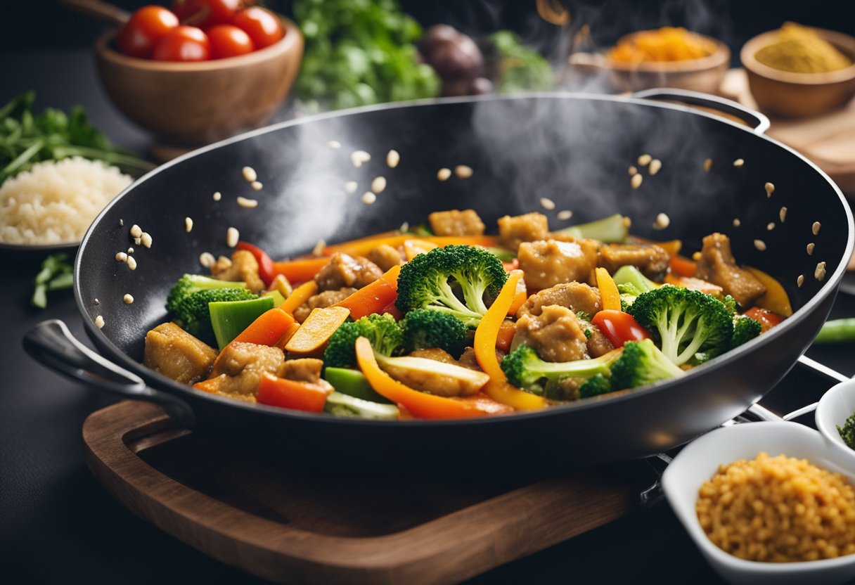 Sizzling stir-fry in a wok, spices and sauces nearby. A pot of simmering curry, steam rising. Chopping board with vibrant vegetables
