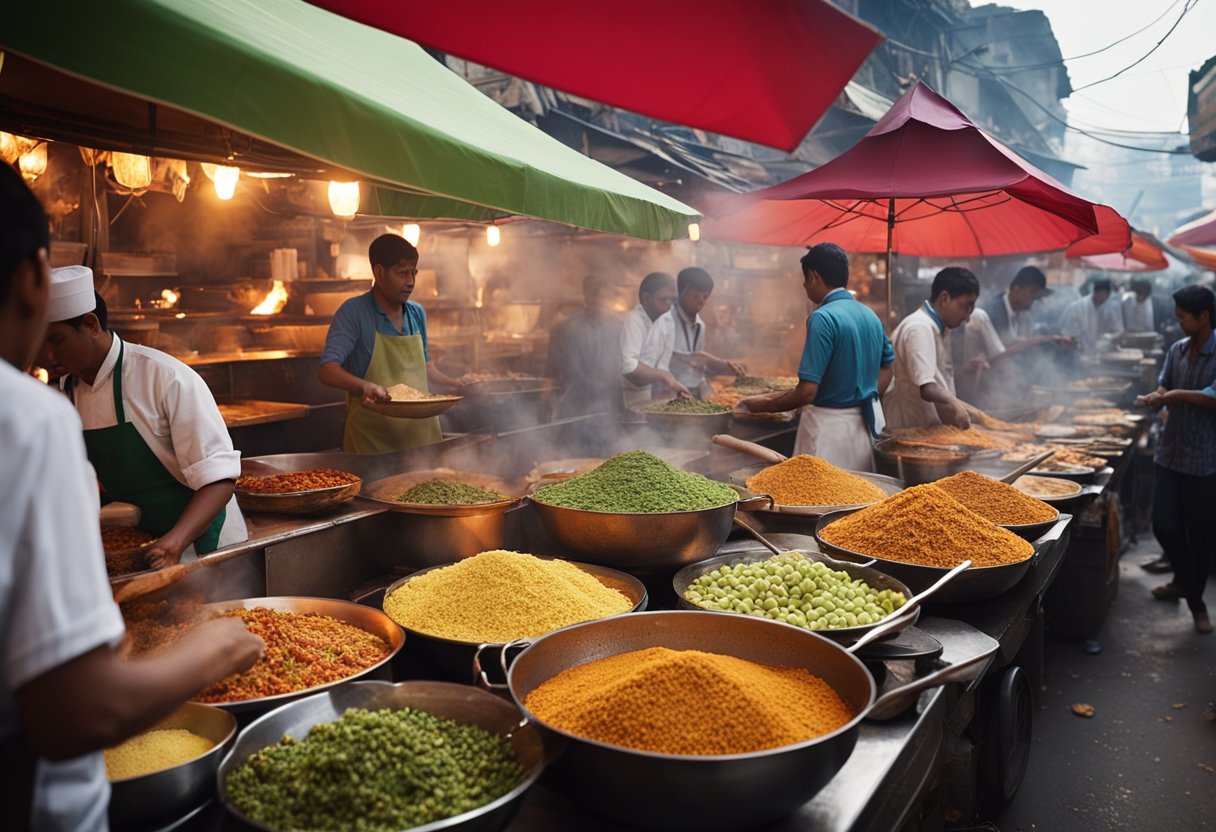 A bustling street with colorful food stalls serving popular Indian and Chinese street food recipes. Aromatic spices fill the air as sizzling woks and grills create mouthwatering delights