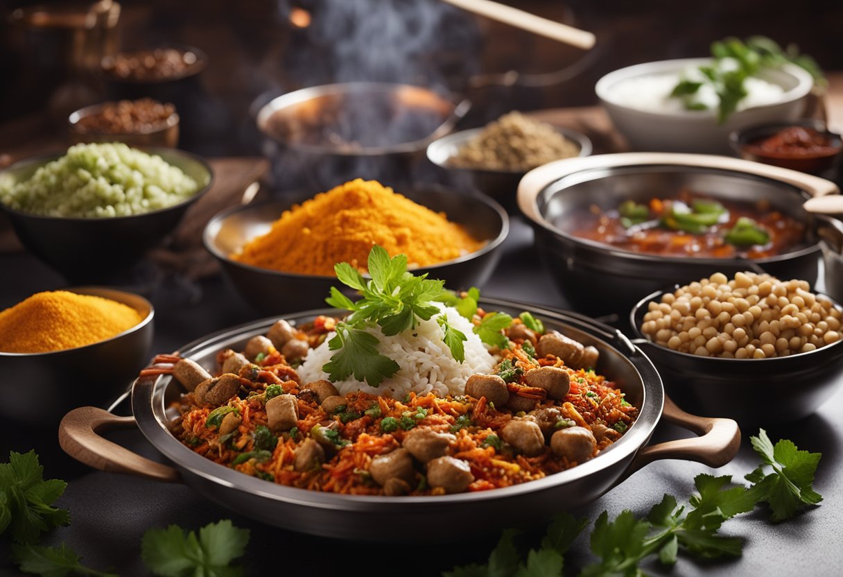 A sizzling wok with vibrant Indian and Chinese spices, surrounded by bowls of flavorful sauces and gravies. A fusion of aromatic ingredients fills the air