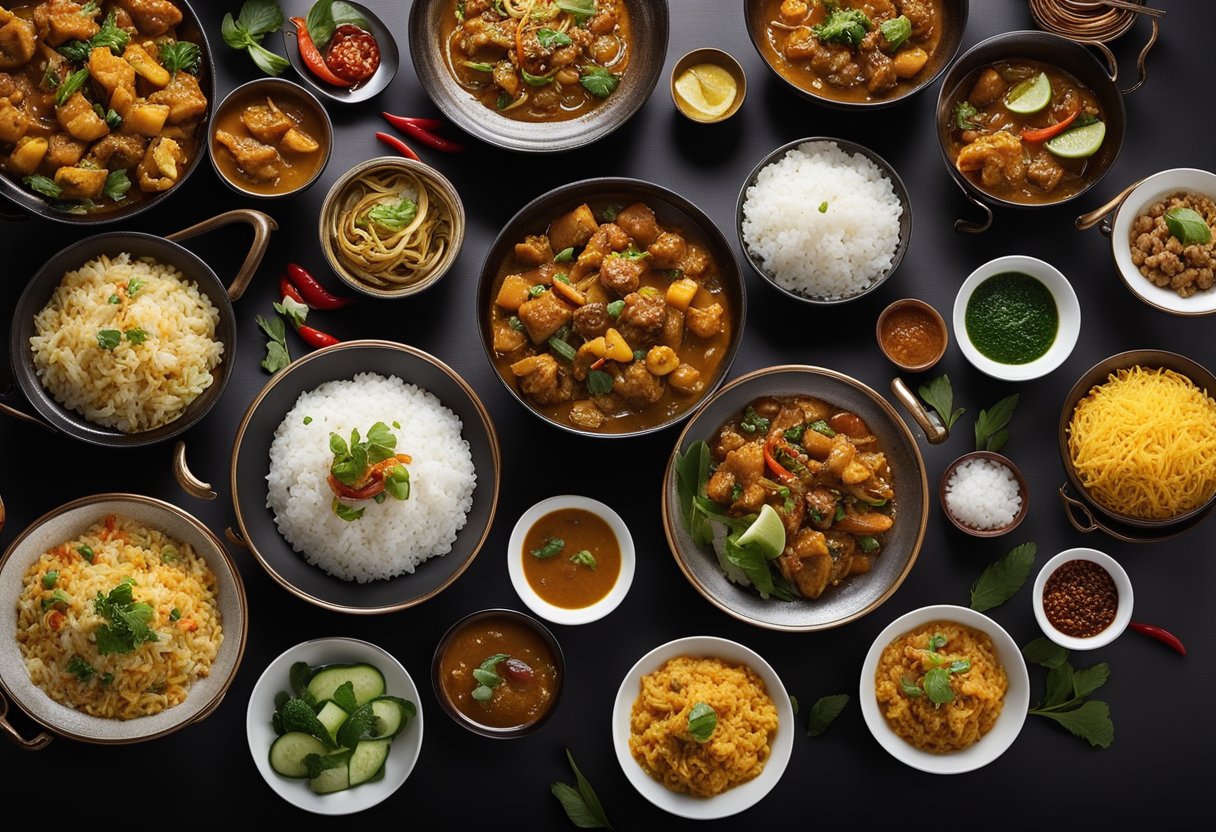 A table set with a spread of Indian and Chinese dishes, including steaming bowls of curry, sizzling stir-fries, and fragrant rice